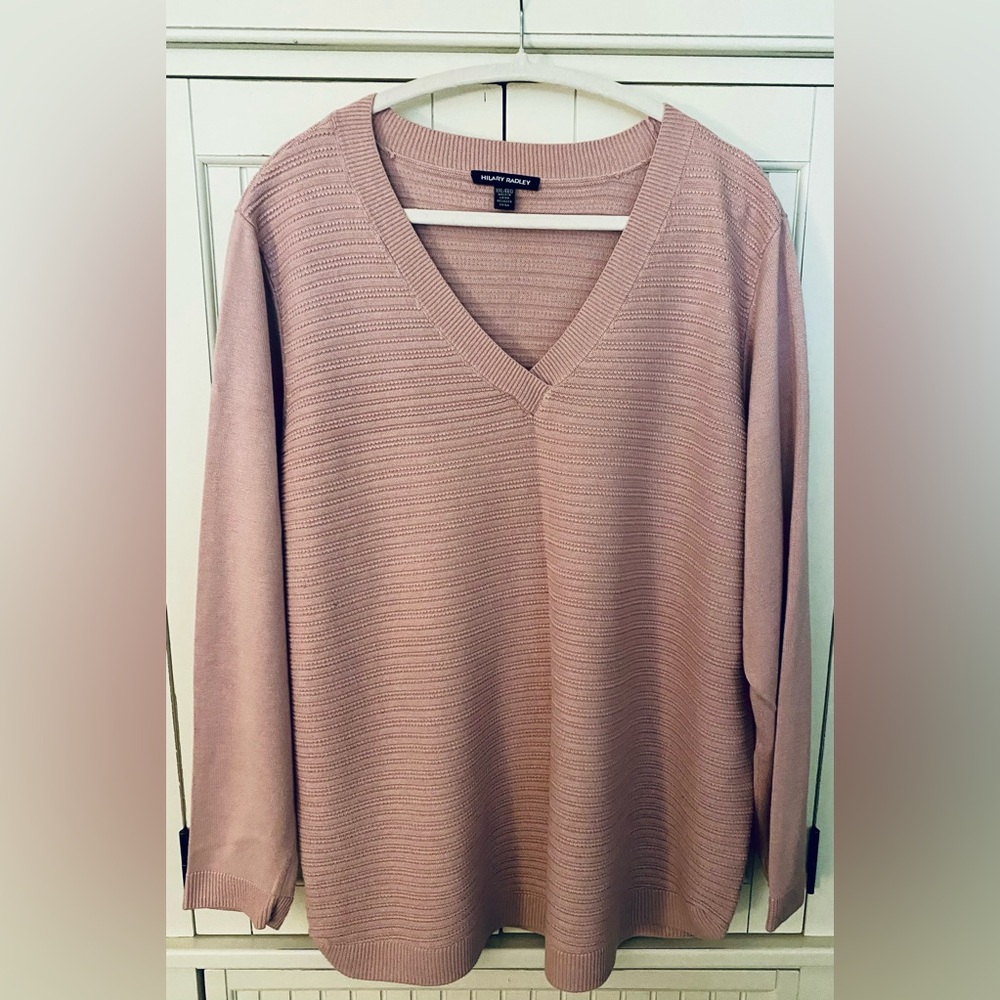 Hilary Radley Pink V-Neck Sweater with Ribbed Texture
